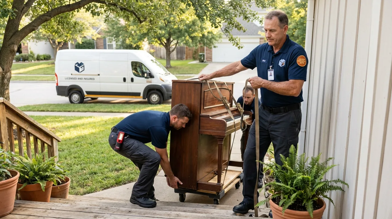Licensed piano movers securing grand piano in Whitehall, MT